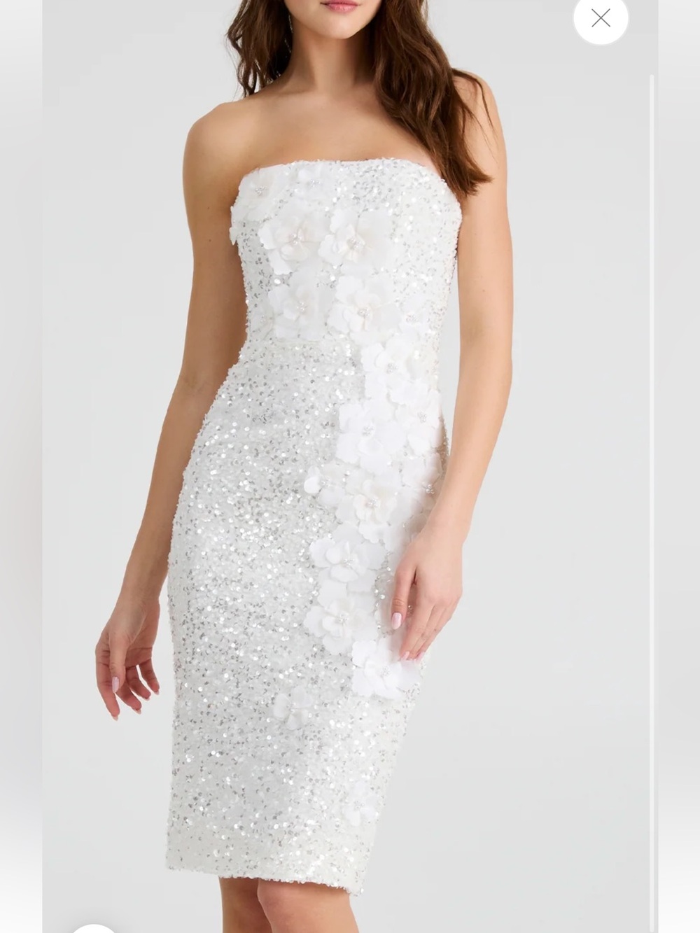 Lilliana Strapless White Sequin Dress with 3D Floral Appliqué